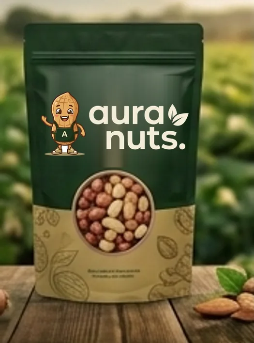 Bolsa de frutos secos AuraNuts con su logo y la mascota Cascarini